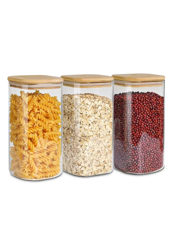1 تشيس 1CHASE 3-Piece Square Glass Storage Jar with Air tight Bamboo Lid 1500 ML